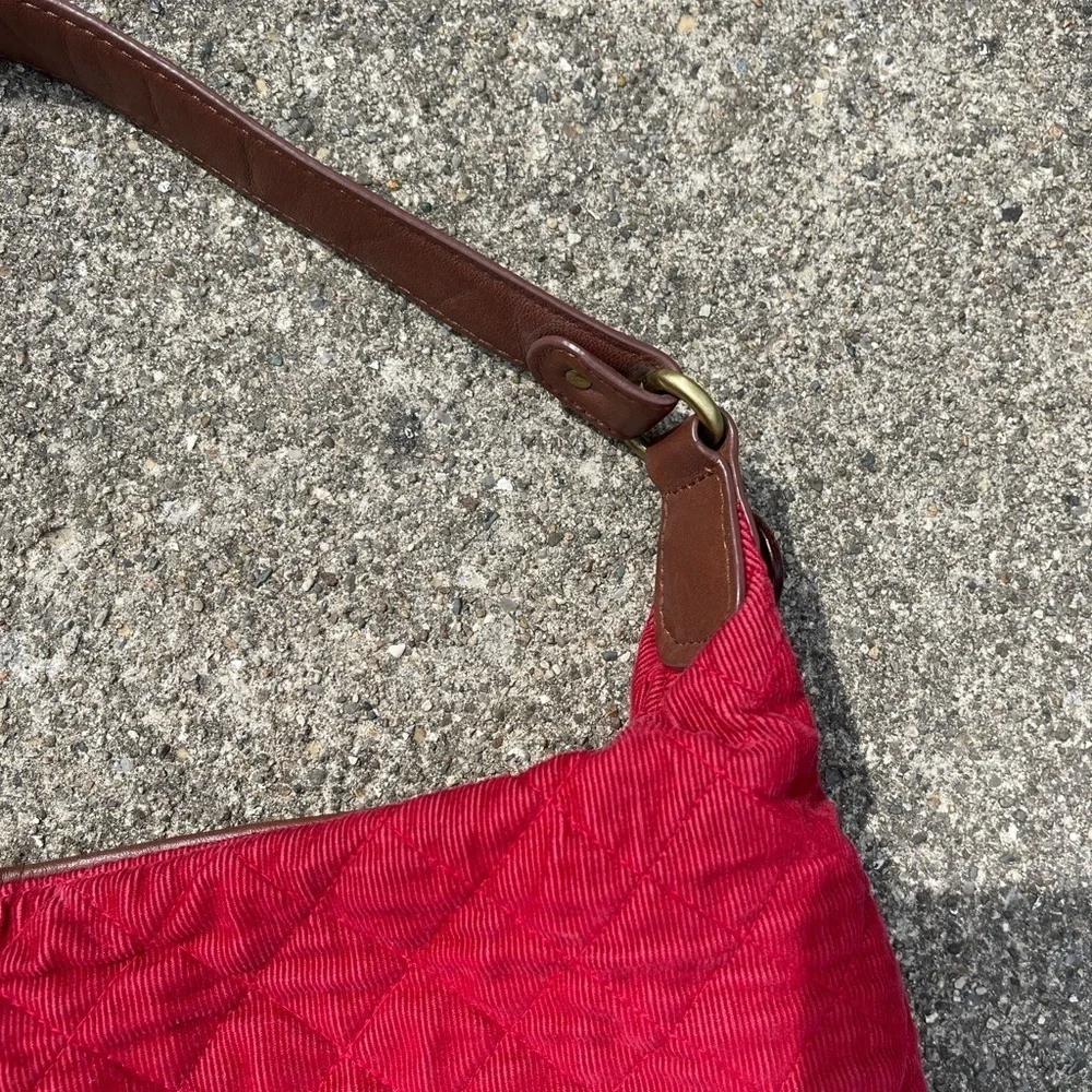 Retired Vera Bradley Red Corduroy Brown Leather Hobo Handbag Purse